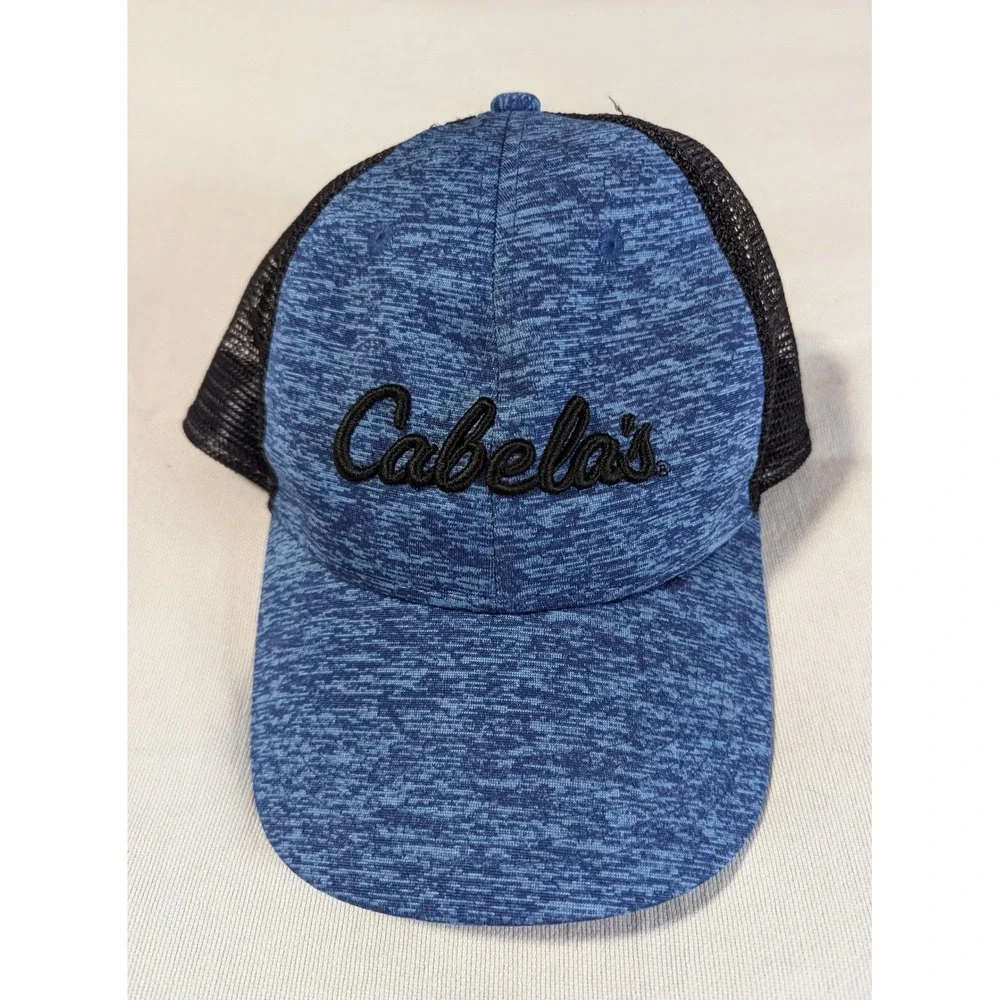 Cabelas Hat Mens OSFM Blue Heathered Black Mesh Snapback Trucker Cap Script Logo